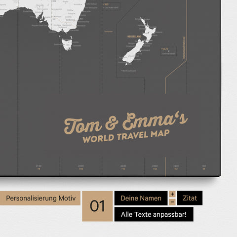 Zeitzonen-Weltkarte als Pinnwand Leinwand in Dunkelgrau mit Personalisierung und Eindruck mit deinem Namen