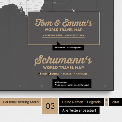 Pinnwand Leinwand einer Zeitzonen-Weltkarte in Dunkelgrau mit Personalisierung als Logo mit Familiennamen