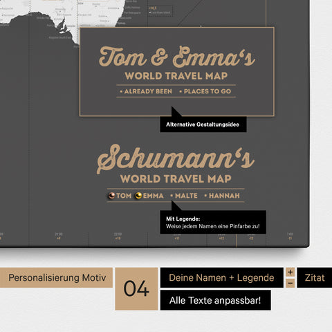 Pinnwand Leinwand einer Zeitzonen-Weltkarte in Dunkelgrau mit Personalisierung als Logo mit Familiennamen