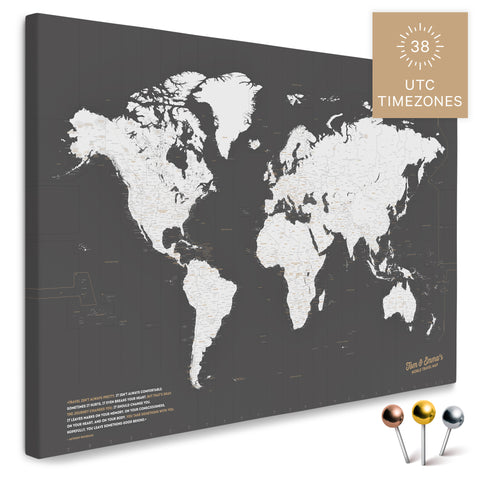 Weltkarte mit allen 38 UTC Zeitzonen in Dunkelgrau als Pinnwand Leinwand zum Pinnen und Markieren von Reisezielen kaufen