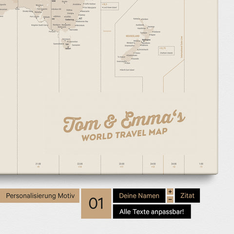 Weltkarte mit UTC-Zeitzonen als Pinnwand Leinwand in Farbe Gold mit Personalisierung durch textlichen Eindruck von Vornamen und Familiennamen