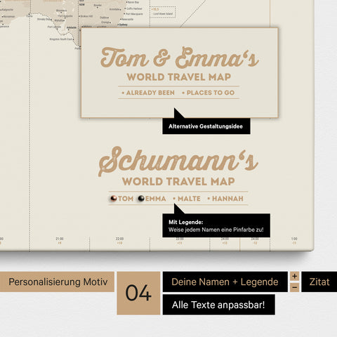 Pinnwand Leinwand einer Zeitzonen-Weltkarte in Gold mit Personalisierung als Logo mit Familiennamen