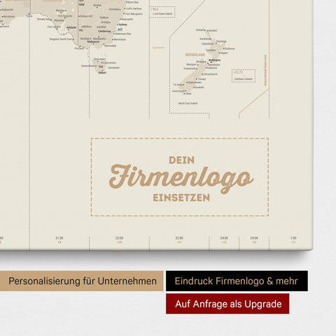 Zeitzonen-Weltkarte als Pinn-Leinwand in Gold mit Eindruck eines Firmenlogos