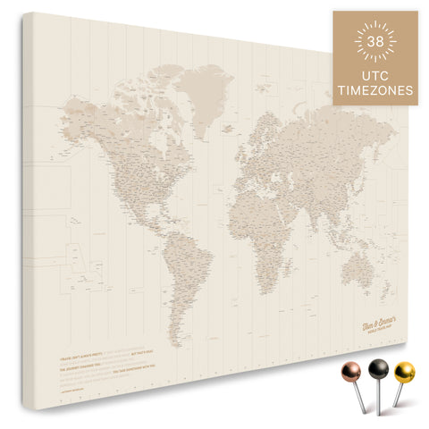Weltkarte mit allen 38 UTC Zeitzonen in Gold als Pinnwand Leinwand zum Pinnen und Markieren von Reisezielen kaufen