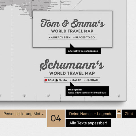 Pinnwand Leinwand einer Zeitzonen-Weltkarte in Hellgrau mit Personalisierung als Logo mit Familiennamen