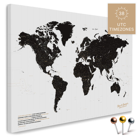 Weltkarte mit 38 UTC Zeitzonen in Farbe Light Black als Pinnwand Leinwand zum Pinnen und Markieren von Reisezielen kaufen