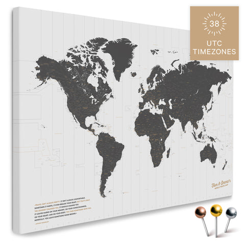 Weltkarte mit 38 UTC Zeitzonen in Farbe Light Gray als Pinnwand Leinwand zum Pinnen und Markieren von Reisezielen kaufen
