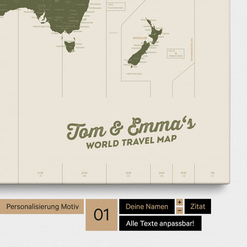 Weltkarte mit UTC-Zeitzonen als Pinnwand Leinwand in Farbe Olive Green mit Personalisierung durch textlichen Eindruck von Vornamen und Familiennamen