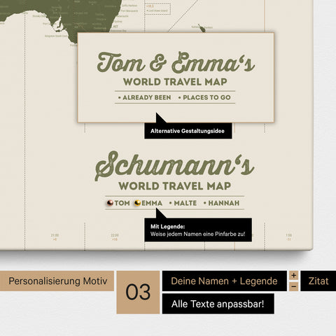 Pinnwand Leinwand einer Zeitzonen-Weltkarte in Olive Green mit Personalisierung als Logo mit Familiennamen