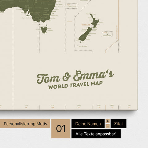 Zeitzonen-Weltkarte als Pinnwand Leinwand in Grün mit Personalisierung und Eindruck mit deinem Namen