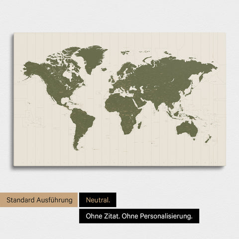 Neutrale Ausführung einer Zeitzonen-Weltkarte als Pinn-Leinwand ohne Personalisierungen in Olive Green