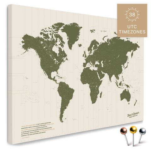 Weltkarte mit allen 38 UTC Zeitzonen in Olive Green als Pinnwand Leinwand zum Pinnen und Markieren von Reisezielen kaufen