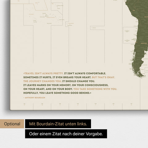 Personalisierbare Weltkarte mit UTC-Zeitzonen in Farbe Olive Green mit eingedrucktem Zitat von Anthony Bourdain