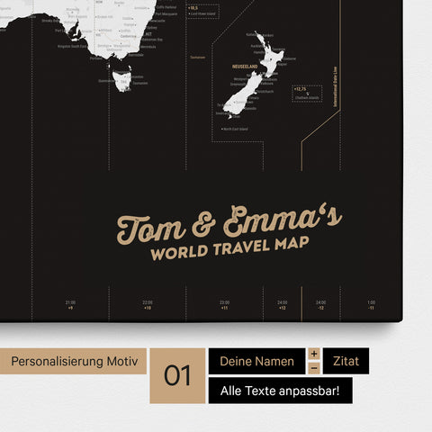 Zeitzonen-Weltkarte als Pinnwand Leinwand in Schwarz-Weiß mit Personalisierung und Eindruck mit deinem Namen