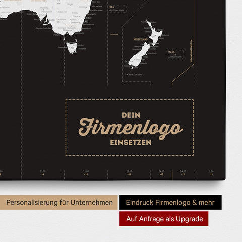 Zeitzonen-Weltkarte als Pinn-Leinwand in Schwarz-Weiss mit Eindruck eines Firmenlogos