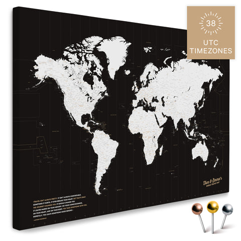 Weltkarte mit allen 38 UTC Zeitzonen in Schwarz-Weiß als Pinnwand Leinwand zum Pinnen und Markieren von Reisezielen kaufen