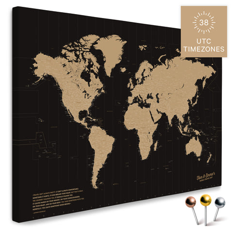 Weltkarte mit allen 38 UTC Zeitzonen in Sonar Black (Schwarz-Gold) als Pinnwand Leinwand zum Pinnen und Markieren von Reisezielen kaufen
