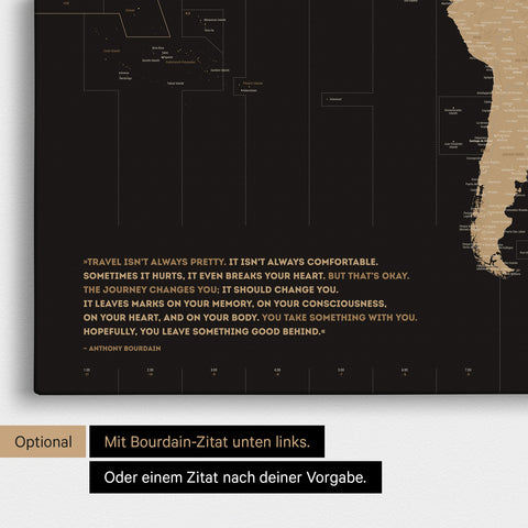 Zeitzonen-Weltkarte in Sonar Black (Schwarz-Gold) mit eingedrucktem Zitat von Anthony Bourdain