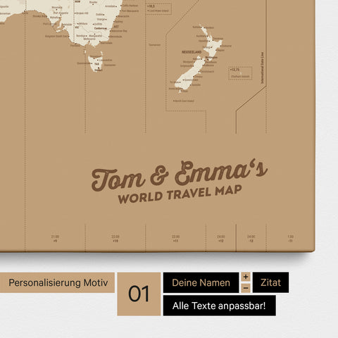 Zeitzonen-Weltkarte als Pinnwand Leinwand in Treasure Gold mit Personalisierung und Eindruck mit deinem Namen