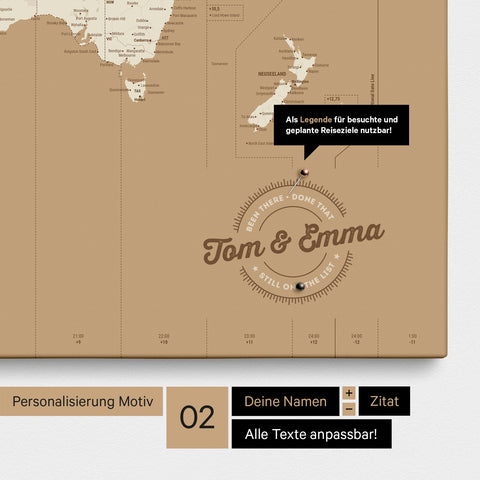 Personalisierte UTC Zeitzonen-Weltkarte als Pinnwand Leinwand in Treasure Gold mit eingedruckten Namen und einer Legende zur Markierung von besuchten Orten