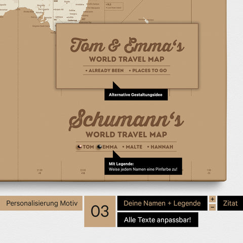 Pinnwand Leinwand einer Zeitzonen-Weltkarte in Treasure Gold mit Personalisierung als Logo mit Familiennamen