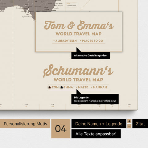 Pinnwand Leinwand einer Zeitzonen-Weltkarte in Warmgray (Braun-Grau) mit Personalisierung als Logo mit Familiennamen