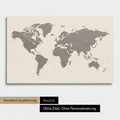 Neutrale Ausführung einer Zeitzonen-Weltkarte als Pinn-Leinwand ohne Personalisierungen in Warmgray (Braun-Grau)