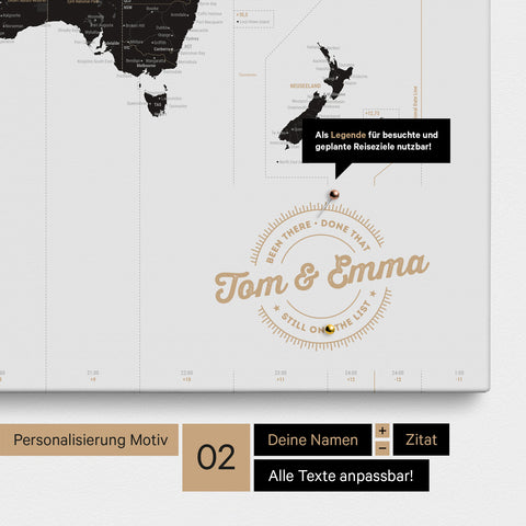 Personalisierte UTC Zeitzonen-Weltkarte als Pinnwand Leinwand in Light Black mit eingedruckten Namen und einer Legende zur Markierung von besuchten Orten