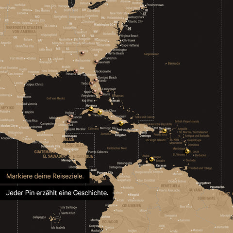 Detail einer Zeitzonen-Weltkarte als Pinn-Leinwand in Sonar Black (Schwarz-Gold) zeigt eine mit Pins abgesteckte Reiseroute in der Karibik und im Süden der USA
