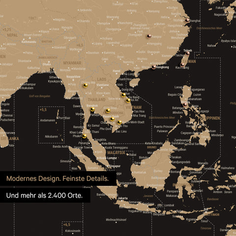 Ausschnitt einer Zeitzonen-Weltkarte in Sonar Black (Schwarz-Gold) zeigt einen Ausschnitt von Südost-Asien