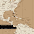Detail einer Zeitzonen-Weltkarte als Pinn-Leinwand in Treasure Gold zeigt eine mit Pins abgesteckte Reiseroute in der Karibik und im Süden der USA