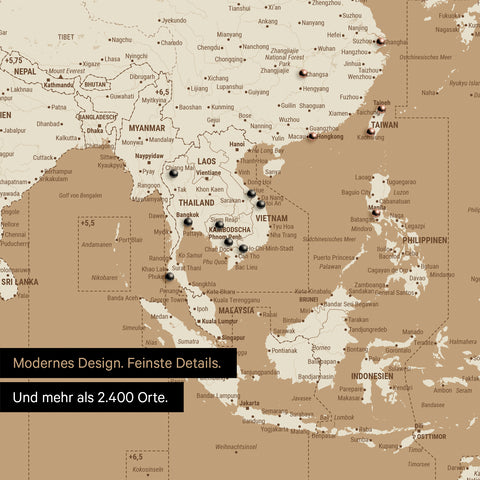 Ausschnitt einer Zeitzonen-Weltkarte in Treasure Gold zeigt einen Ausschnitt von Südost-Asien