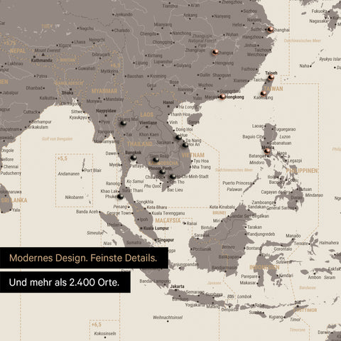 Ausschnitt einer Zeitzonen-Weltkarte in Warmgray (Braun-Grau) zeigt einen Ausschnitt von Südost-Asien