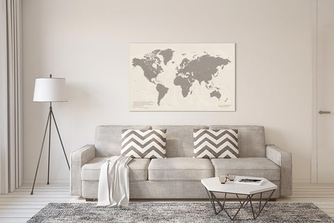 Wohnzimmer mit Weltkarte Leinwand in Braun als dekoratives Wandbild